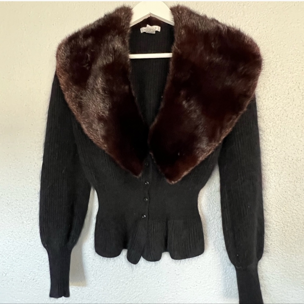 Vintage Susann D Black Brown Rabbit Fur Wool Color Cardigan Small